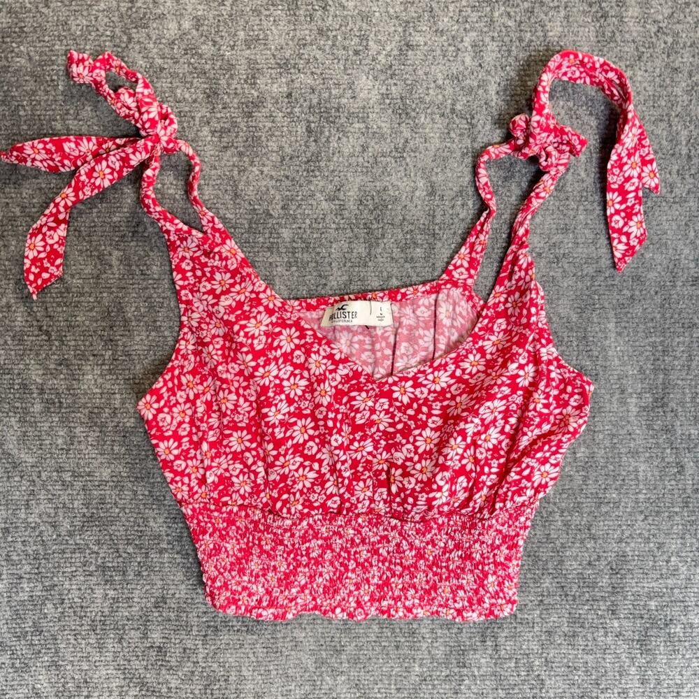 Hollister Floral Tie Strap Crop Top Womens Size S Red White Smocked Cami